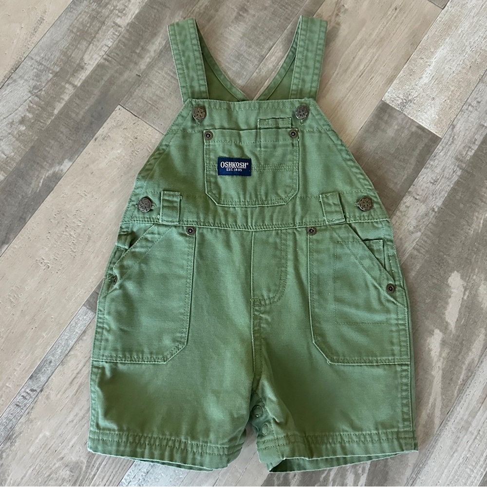 Vintage OshKosh B'gosh Olive Green Kids Overalls Shortalls Rare Green 3-6 Months